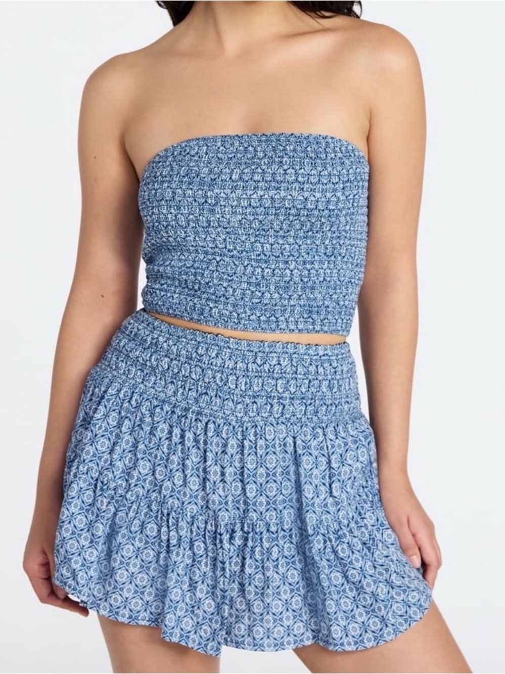 Blue Smocked Strapless Crop Top & Skirt Set